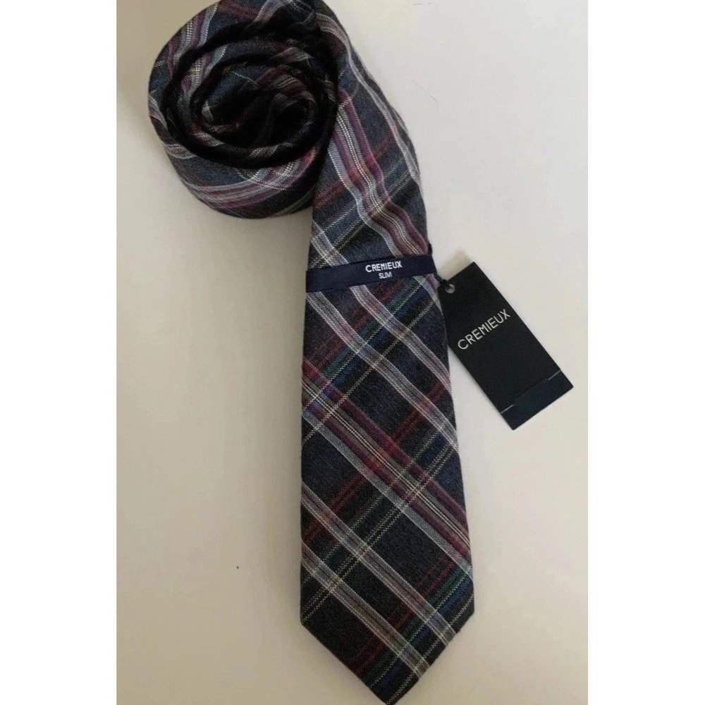 New Cremieux Silk And Wool Neck Tie Made In Italy Gray Plaid 3" Wide